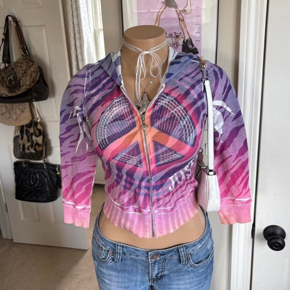 Y2K 2000s justice Rhinestone Peace Sign Zebra Print Zip Hoodie McBling